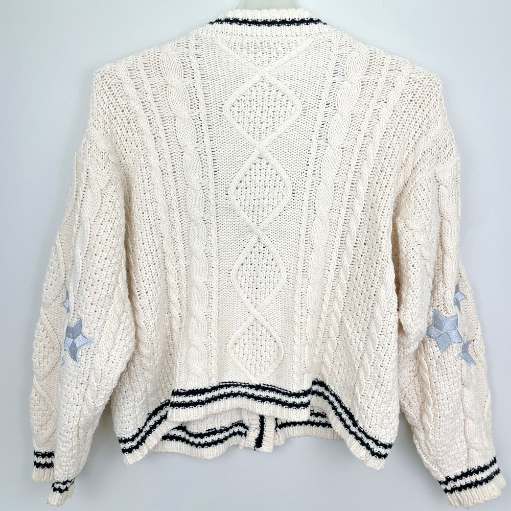 Taylor Swift Folklore Cardigan Replica Size M Ivory Cable Knit Star Patches - Picture 2 of 7
